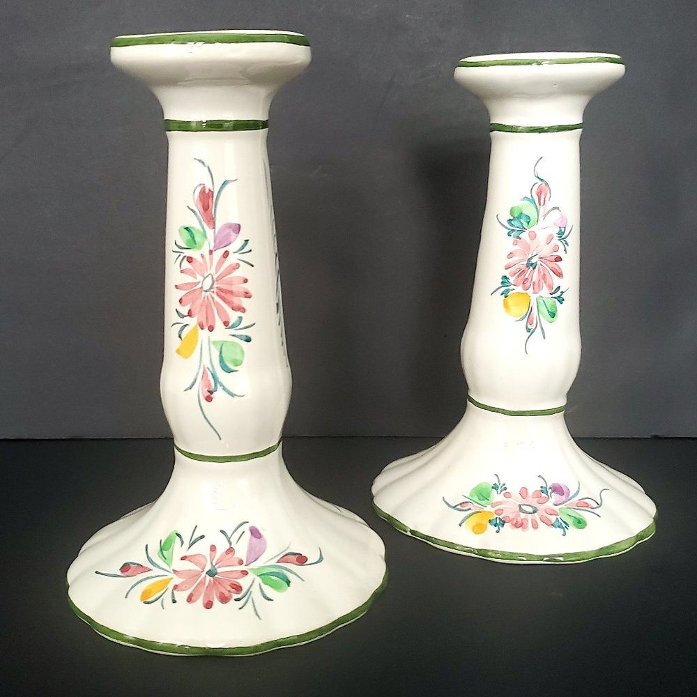 J. PAULINO HAND PAINTED Ceramic Candle Holders 2pc Set White Floral Lightweight
